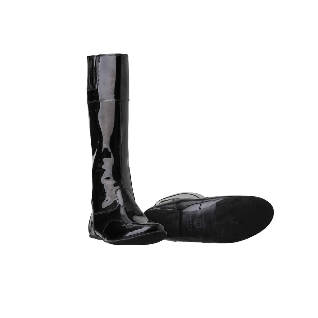 A pair of tall racing boots against a white background. The boots are made of black material with black patent leather accents around the calf. They feature a back zip and a 1.5-2cm stretch feature around the calf. One boot is positioned sole down with the zipper done, while the other boot is laid down to showcase the sole.