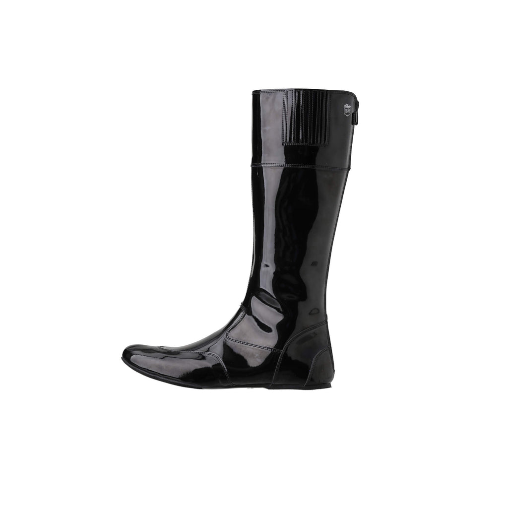 A single tall racing boot displayed on a white background. The boot is made of black material with a black patent leather accent around the calf. It features a back zip and a 1.5-2cm stretch feature around the calf. This image showcases the boot from a side perspective.