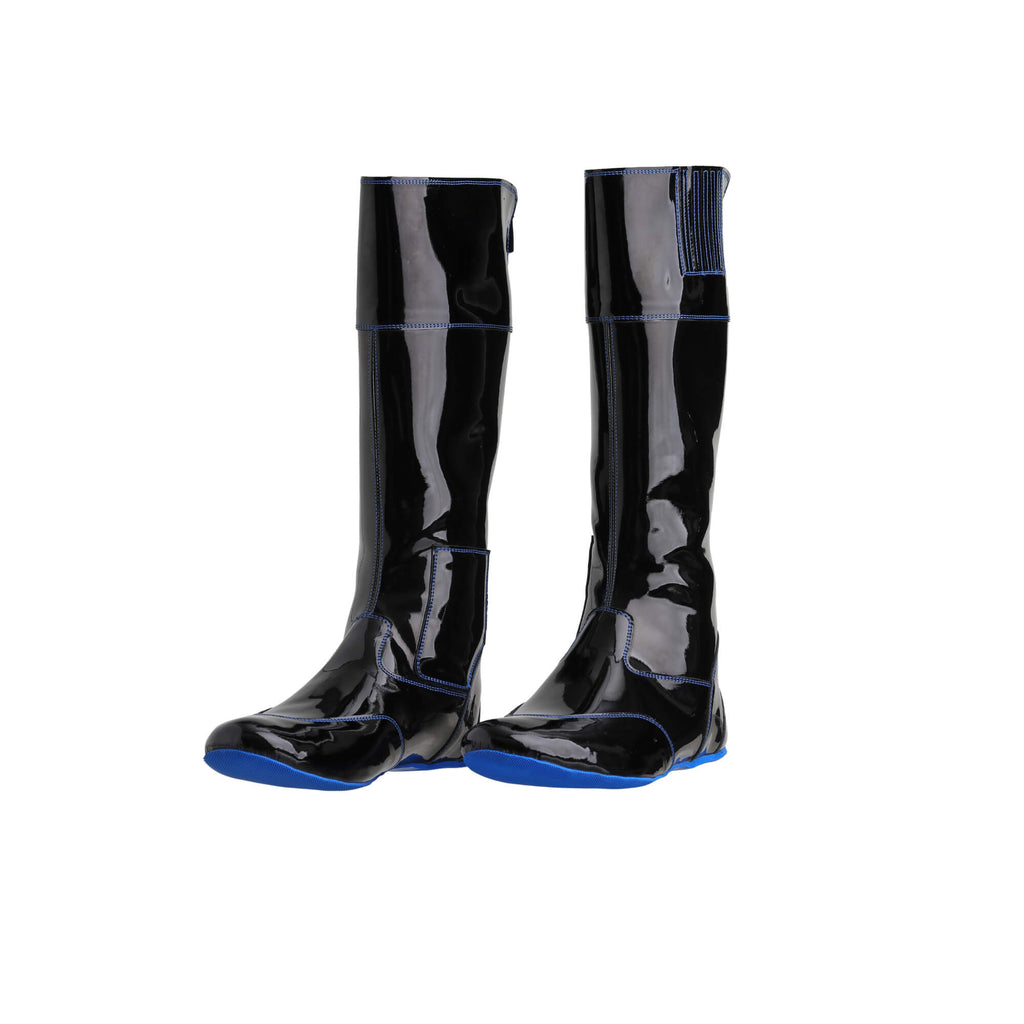 Image of a pair of tall racing boots displayed against a white background. The boots are made of black material with blue exterior stitching and blue soles. They feature a back zip and a 1.5-2cm stretch feature around the calf area. Both shoes are positioned sole down with the zipper done, angled slightly to one side.