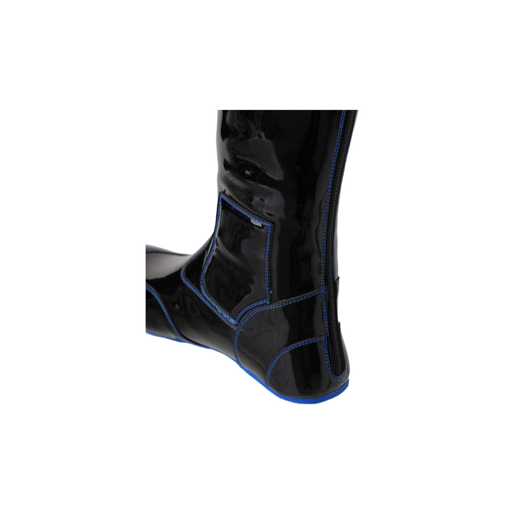 Image displaying one tall racing boot against a white background. The boot is constructed from black material with blue exterior stitching and blue soles. It includes a back zip and a 1.5-2cm stretch feature around the calf area. This image provides a back perspective of the boot.