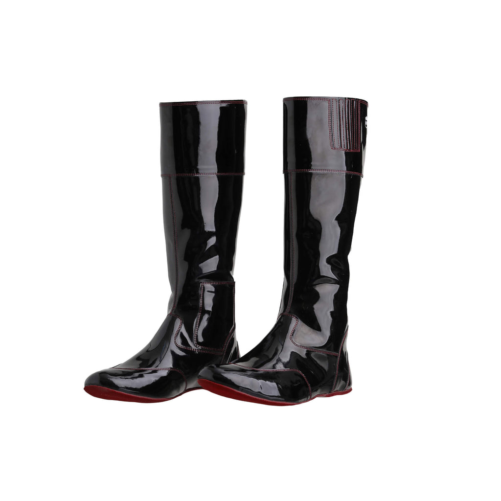 A pair of tall racing boots displayed against a white background. The boots are made of black material with burgundy exterior stitching and burgundy soles. They feature a back zip and a 1.5-2cm stretch feature around the calf. Both shoes are positioned sole down with the zipper done, angled slightly to one side.