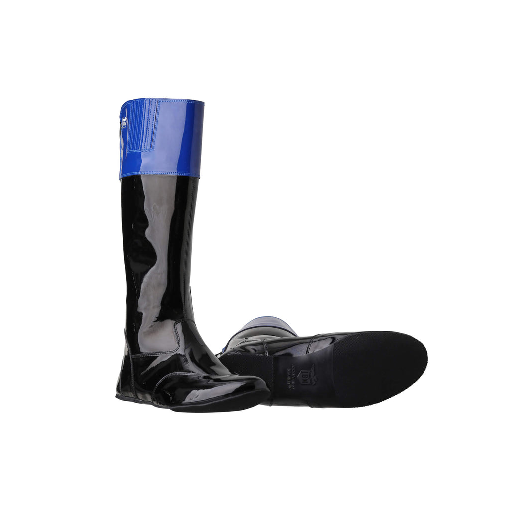 A pair of tall racing boots displayed against a white background. The boots are made of black material with blue patent leather accents around the calf. They feature a back zip and a 1.5-2cm stretch feature around the calf area. One boot is positioned sole down with the zipper done, while the other boot is laid down to showcase its sole.