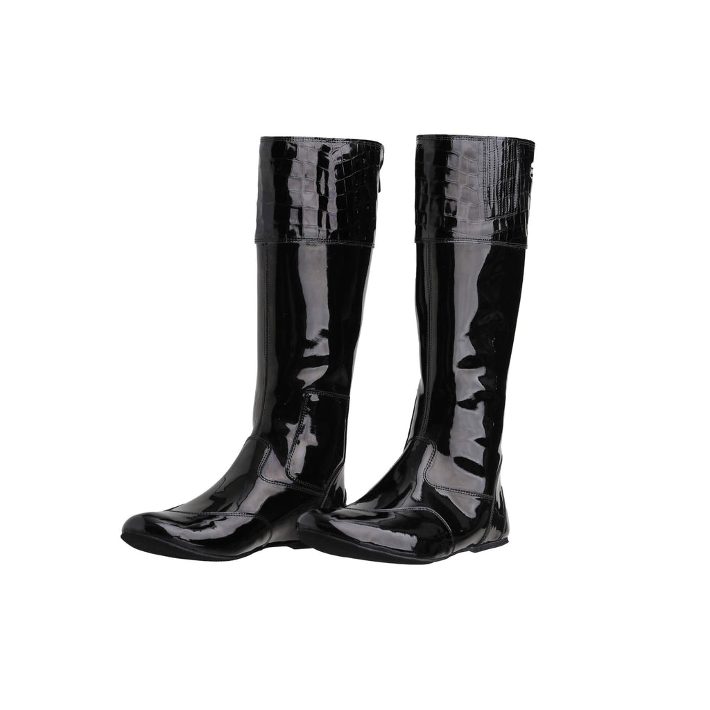 A pair of tall racing boots displayed against a white background. The boots are made of black material with black crocodile leather accents around the calf area. They feature a back zip and a 1.5-2cm stretch feature around the calf. Both shoes are positioned sole down, with the zipper done, and the angle of the boots slightly positioned to one side.