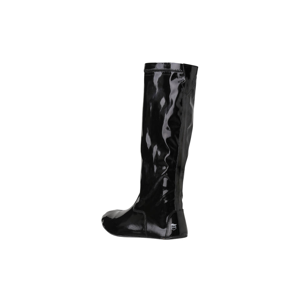 A tall black lite racing boot displayed against a white background. The boot features a pull-up style and is showcased from the back perspective.