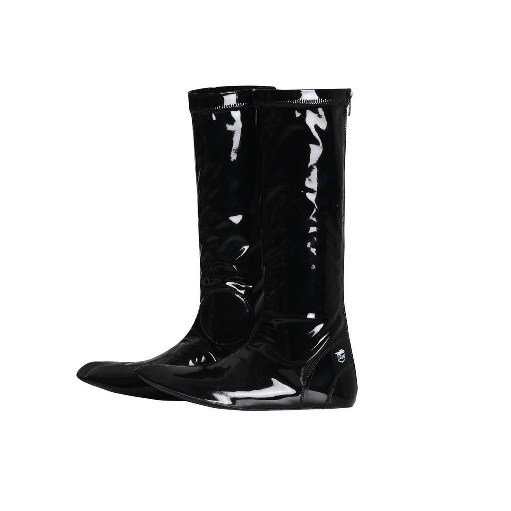 Glossy black Lite Racing Boots with a back zip, tall design, and reinforced toe and ankle areas for riders seeking lightweight performance. Boots are displayed upright against a white background.