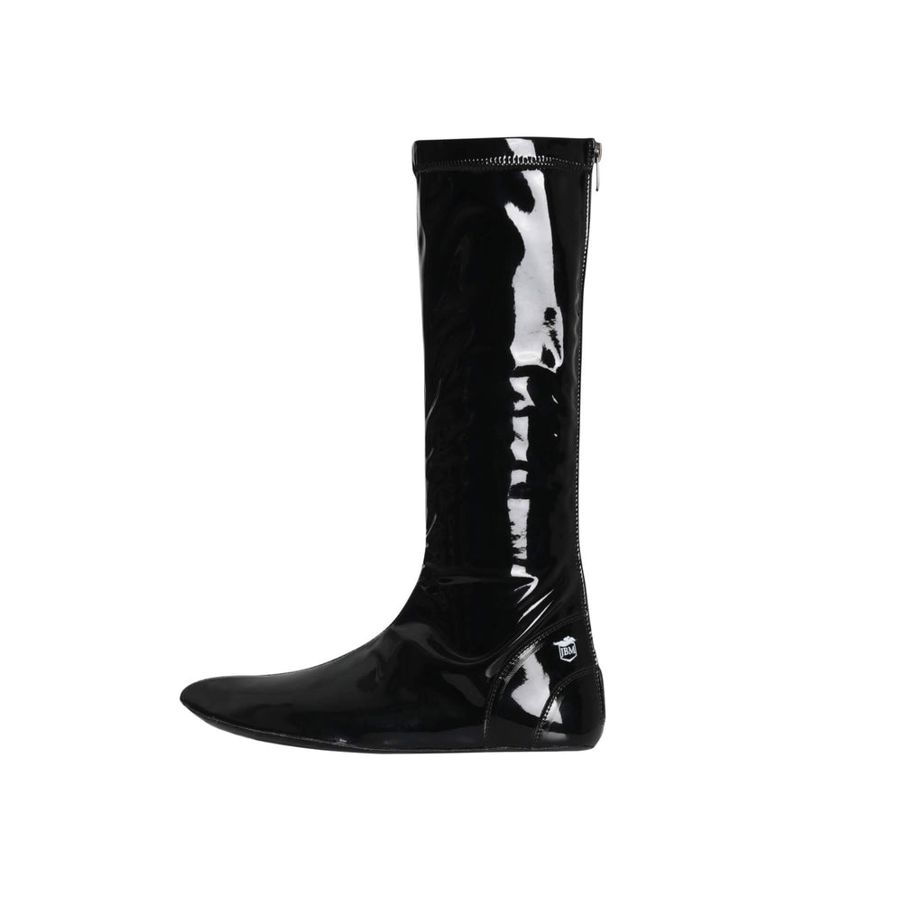 Glossy black Lite Racing Boot featuring a back zipper, tall design, and reinforced toe and ankle areas, ideal for riders seeking lightweight performance. The boot is displayed upright against a white background, shown from the side view.