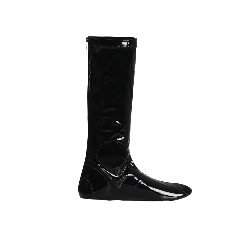 Glossy black Lite Racing Boot featuring a back zipper, tall design, and reinforced toe and ankle areas, ideal for riders seeking lightweight performance. The boot is displayed upright against a white background, shown from the side view.