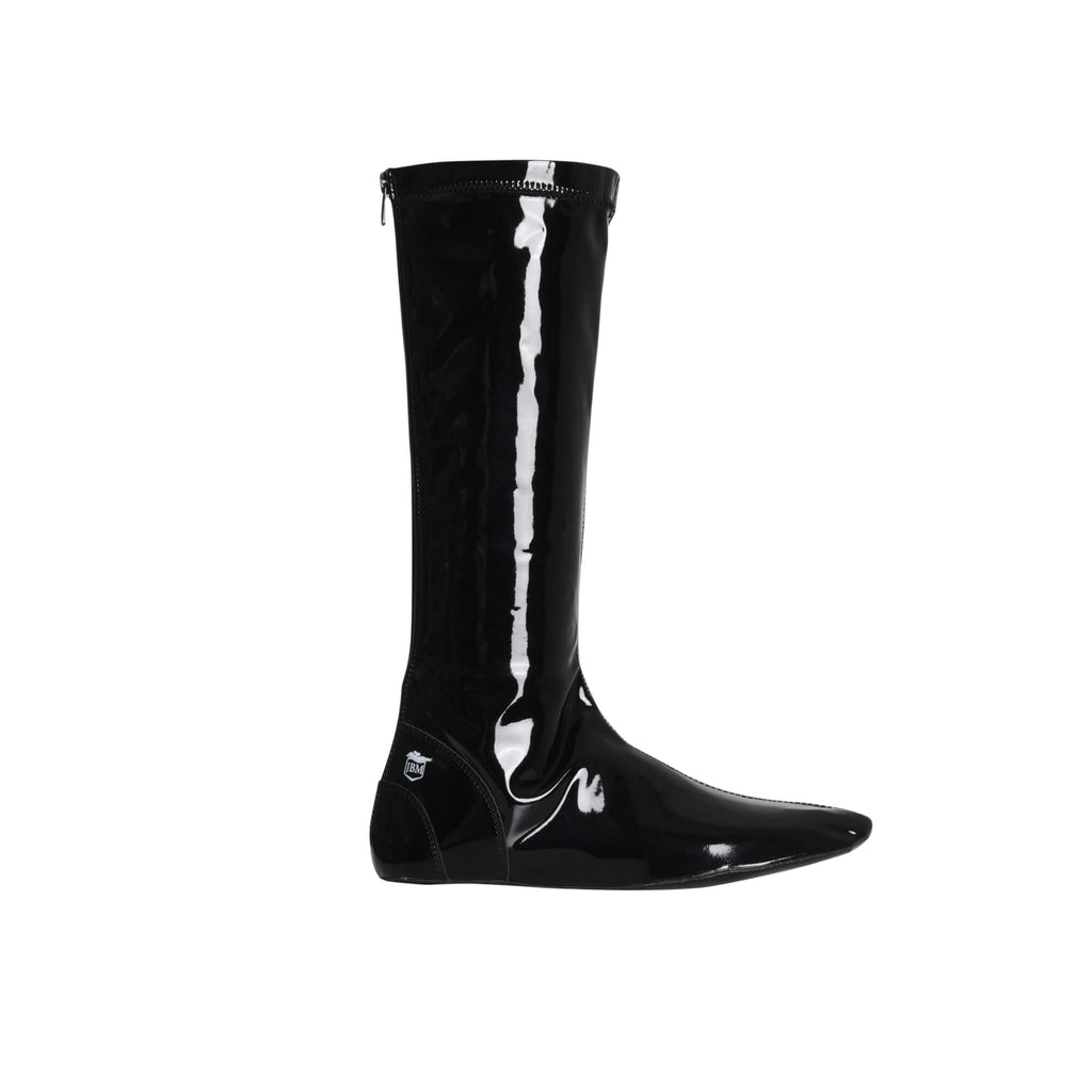 Glossy black Lite Racing Boot featuring a back zipper, tall design, and reinforced toe and ankle areas, ideal for riders seeking lightweight performance. The boot is displayed upright against a white background, shown from the side view.