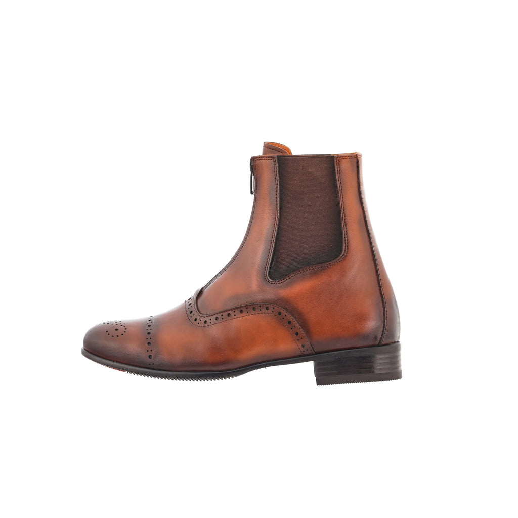 A side view of a brown patina leather wingtip style boot with a front zip closure, displayed against a white background.