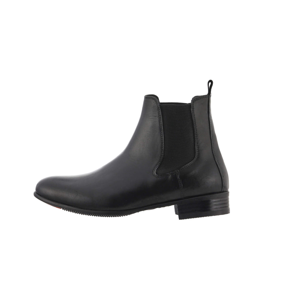 A single classic black short boot with a slide-on design, displayed against a white background from a side perspective.