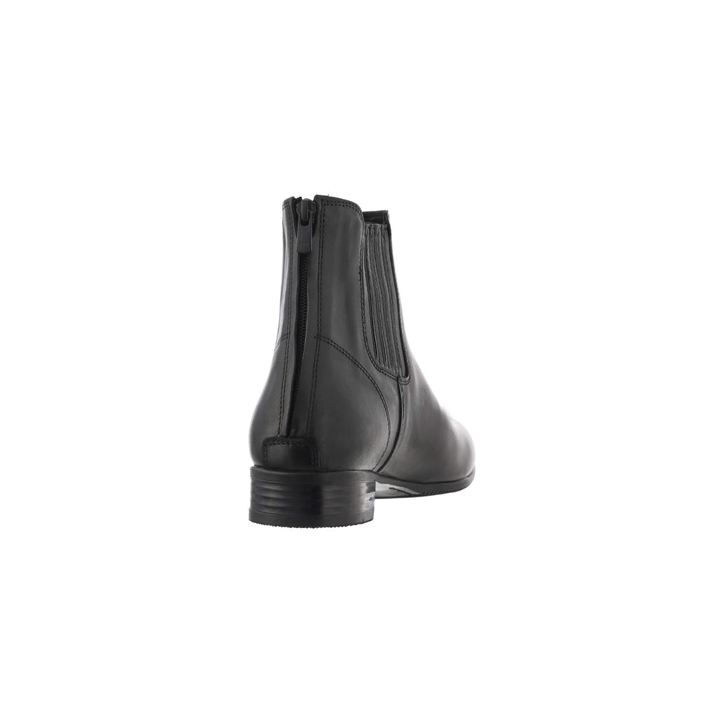 A single short classic black leather boot, featuring a back zip, is showcased from the back perspective against a white background.