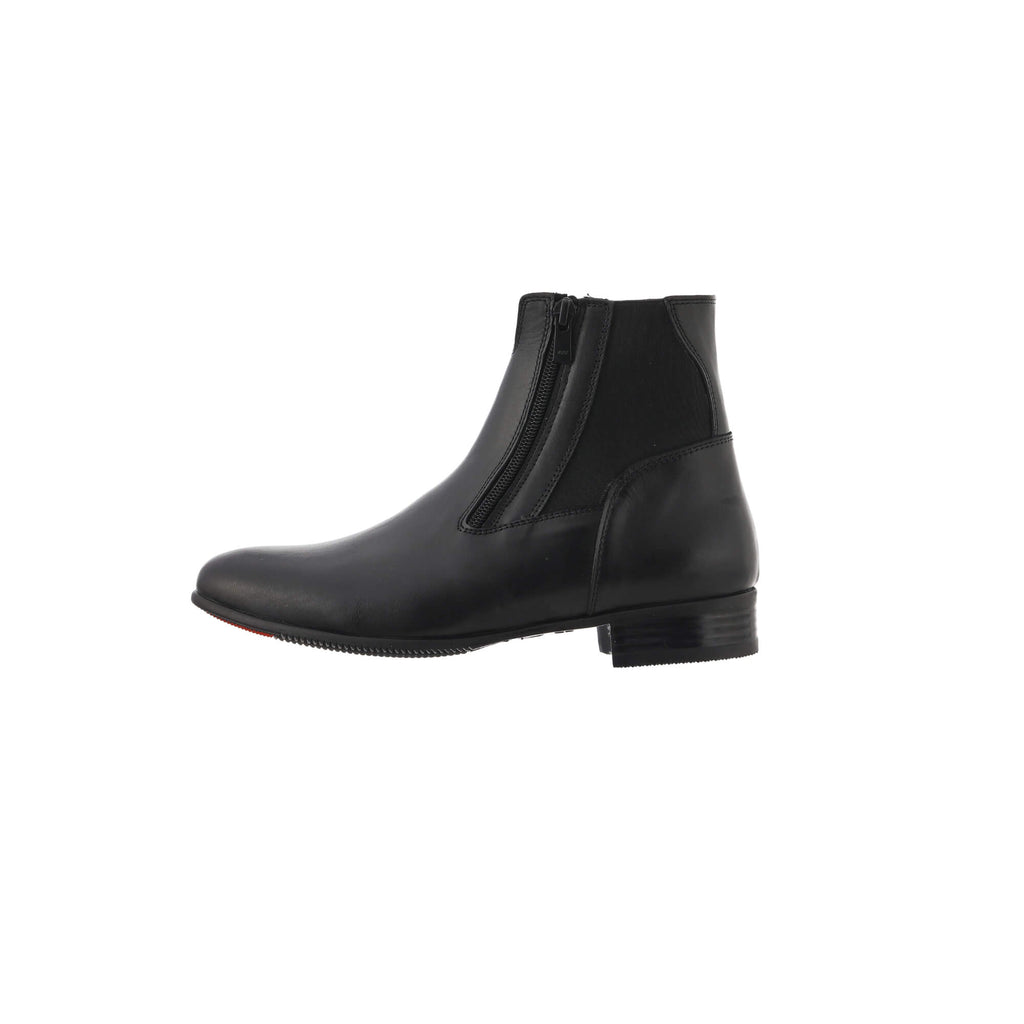 A pair of classic black short boots featuring double front zip and a gap on the top front to provide extra comfort when horse riding. Presented on a white background. This image only showcases one boot from a side perspective.