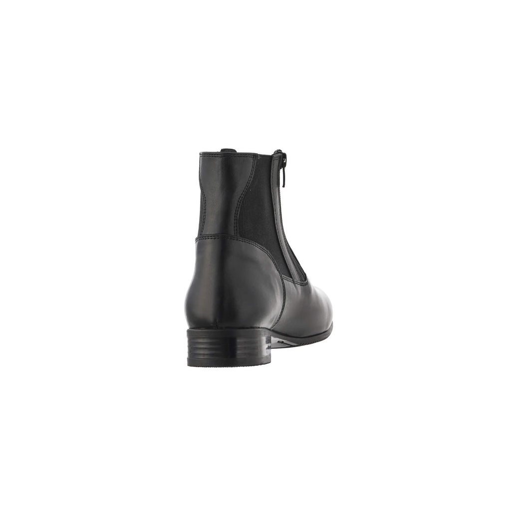 A pair of classic black short boots featuring double front zip and a gap on the top front to provide extra comfort when horse riding. Displayed on a white background. This image only showcases one boot showcased from the back perspective.