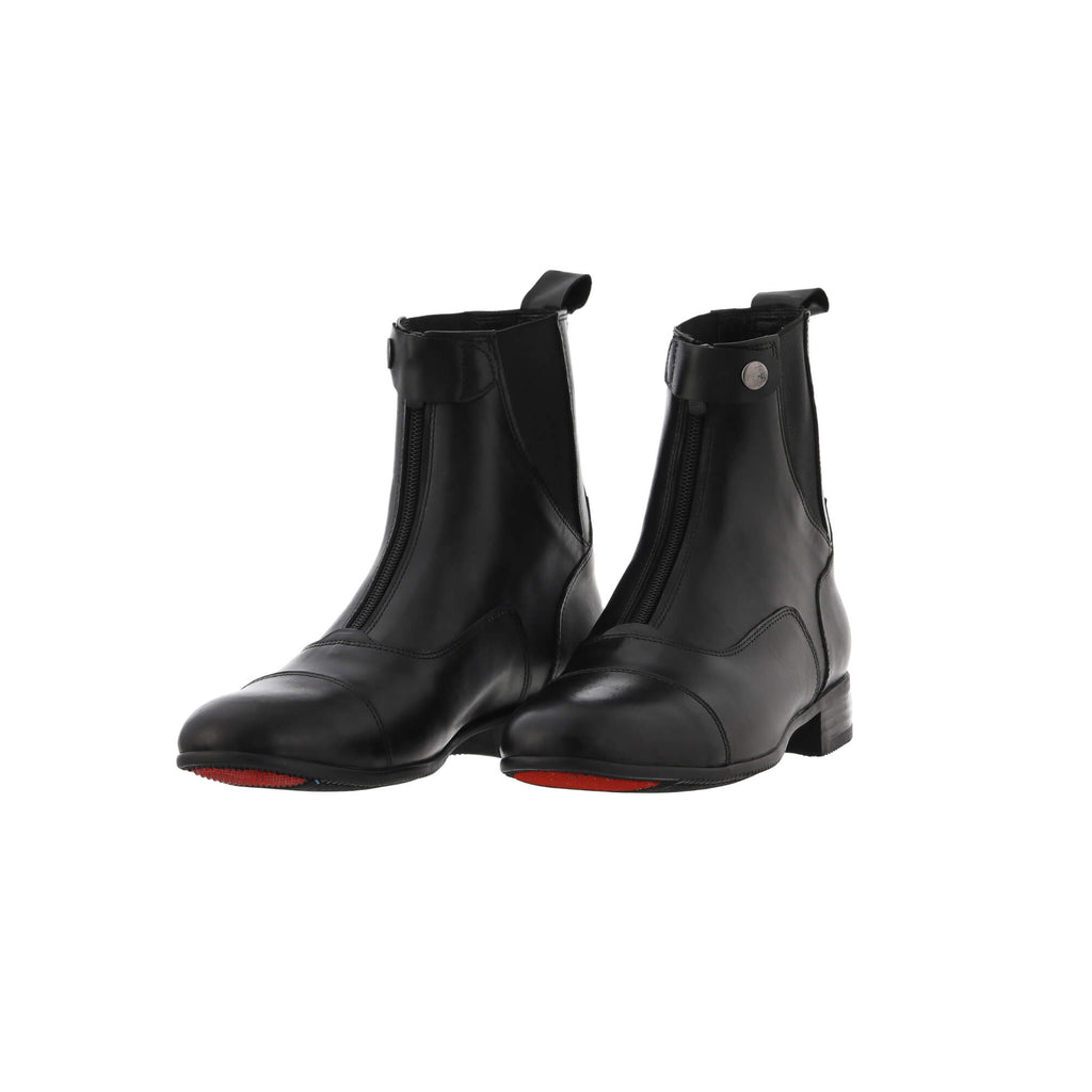 A pair of classic black boots with a front zip and buckle, featured on a white background. The pair is positioned sole down, with the buckle and zipper fastened, angled slightly to one side for display.