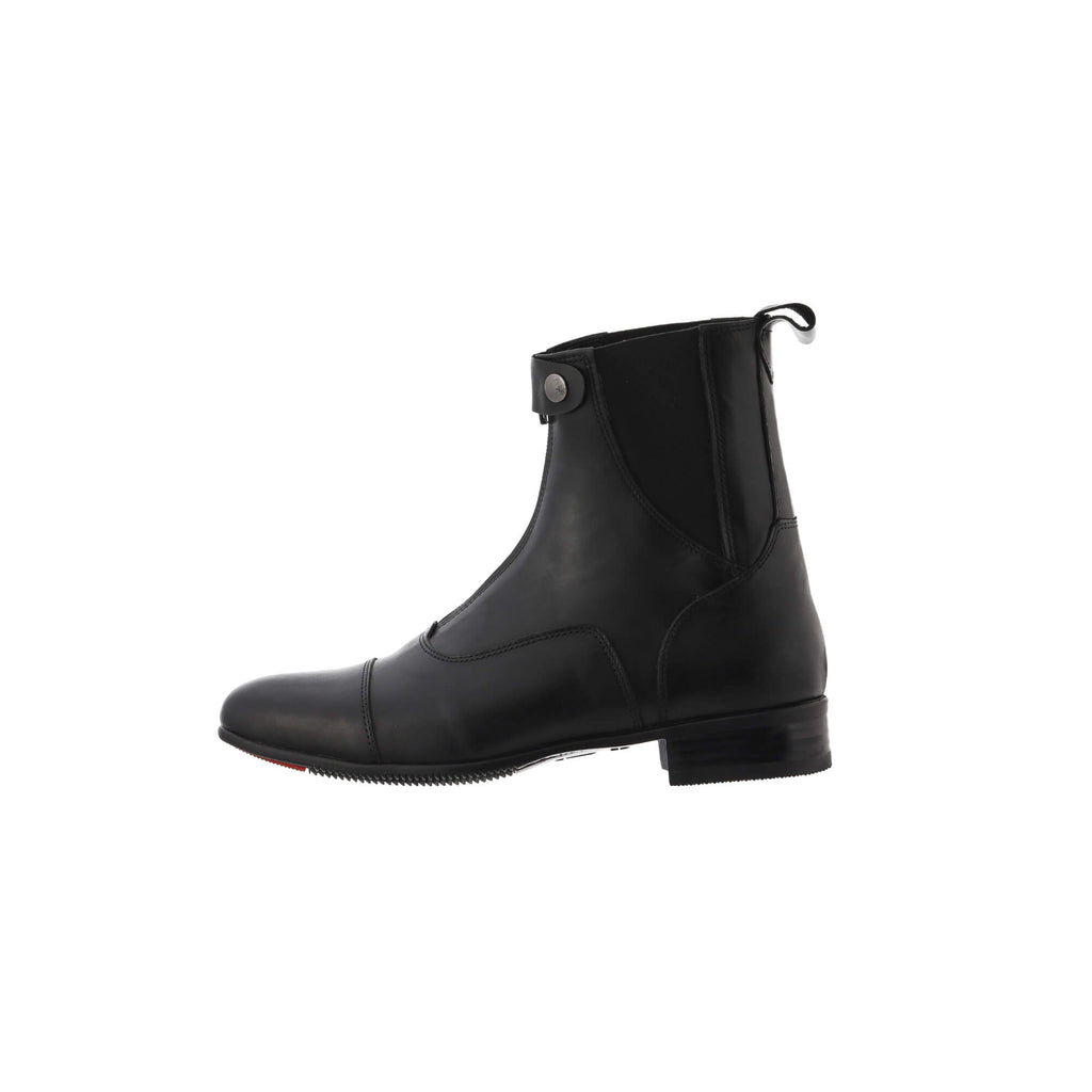 A single classic black boot with front zip and buckle detail, displayed from a side perspective on a white background.