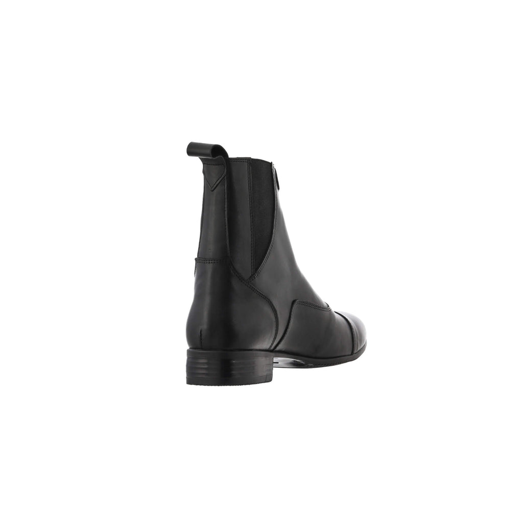 One classic black boot with a front zipper and buckle, displayed from the back perspective on a white background.