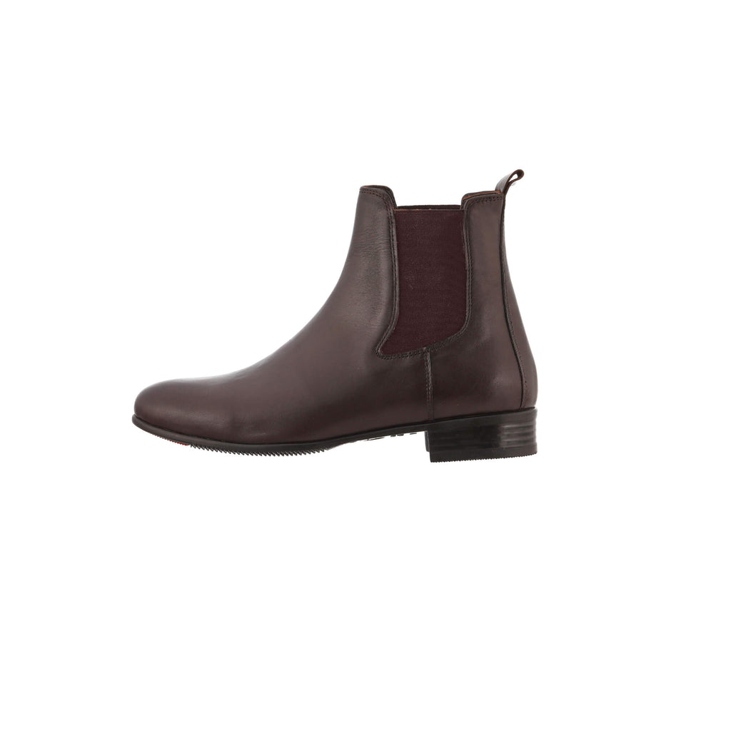 A side view of a classic brown leather boot with an easy slide-in design, presented on a white background.