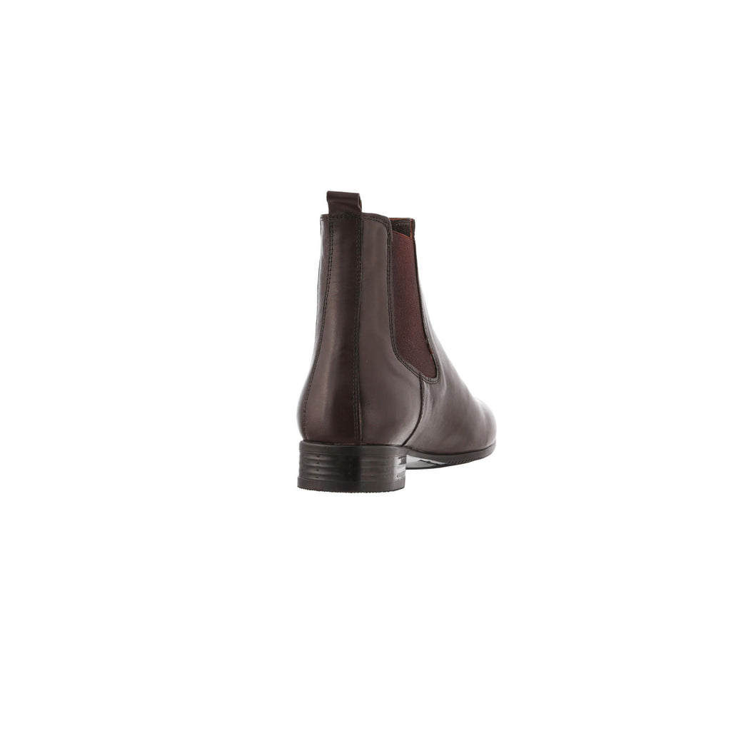 A back view of a classic brown leather boot with an easy slide-in design, presented on a white background.