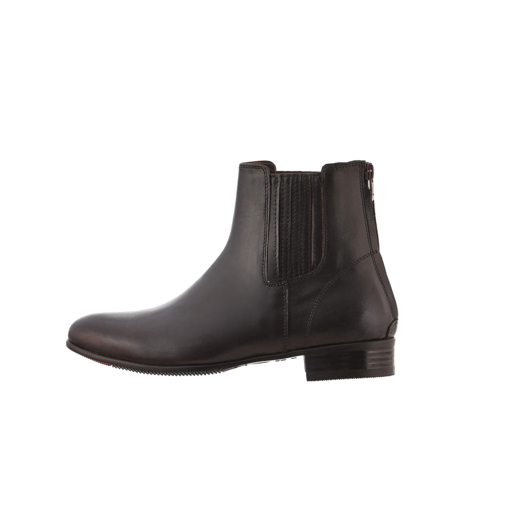 A side view of a classic brown leather boot with a back zip closure, displayed against a white background.