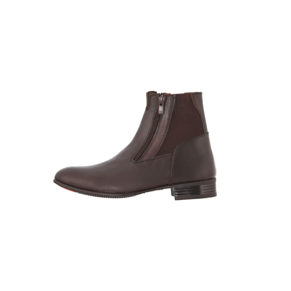 A single classic brown short boot featuring double front zip and a gap on the top front for added comfort during horse riding. Displayed against a white background. Shown from a side perspective.