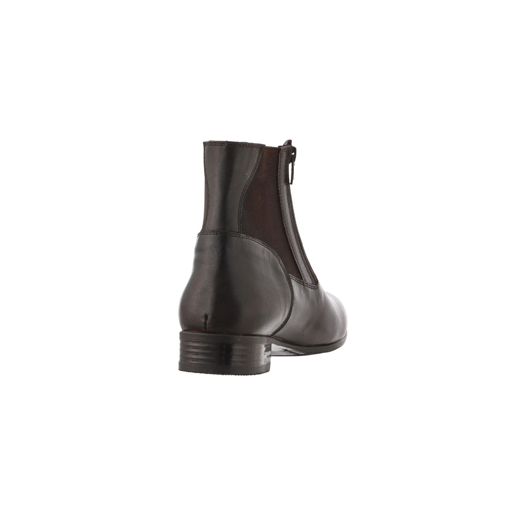 A single classic brown short boot featuring double front zip and a gap on the top front for added comfort during horse riding. Displayed against a white background. Shown from a back perspective.