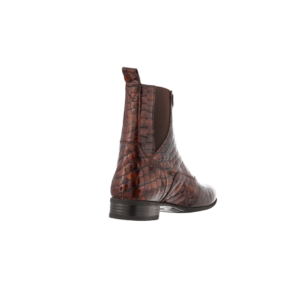 A brown crocodile leather boot displayed against a white background, showcased from the back perspective.