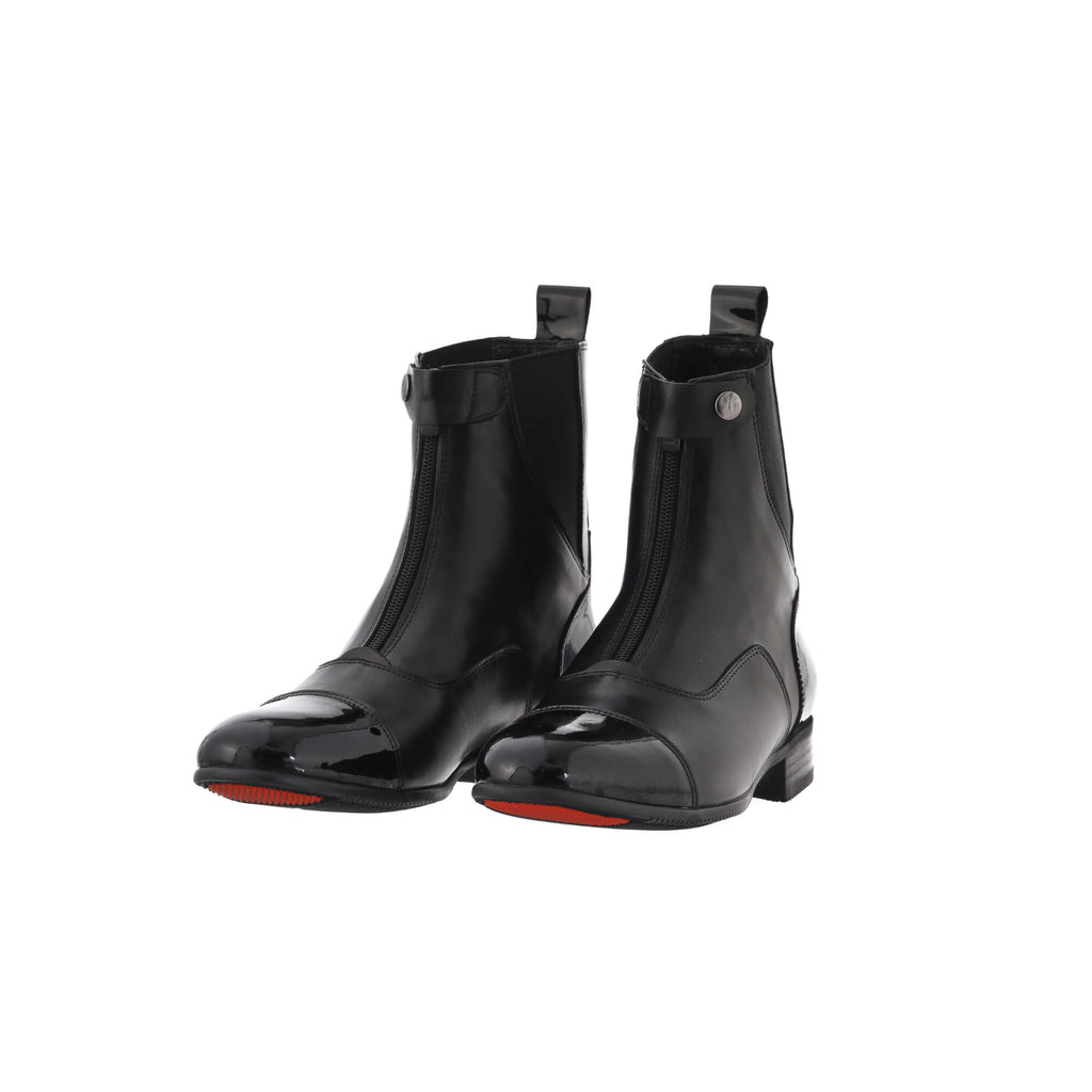 A pair of black patent toe leather boots displayed against a white background. Both boots are positioned sole-down with the front zip and buckle closure completed. The angle of the display is slightly positioned to one side for a dynamic perspective."