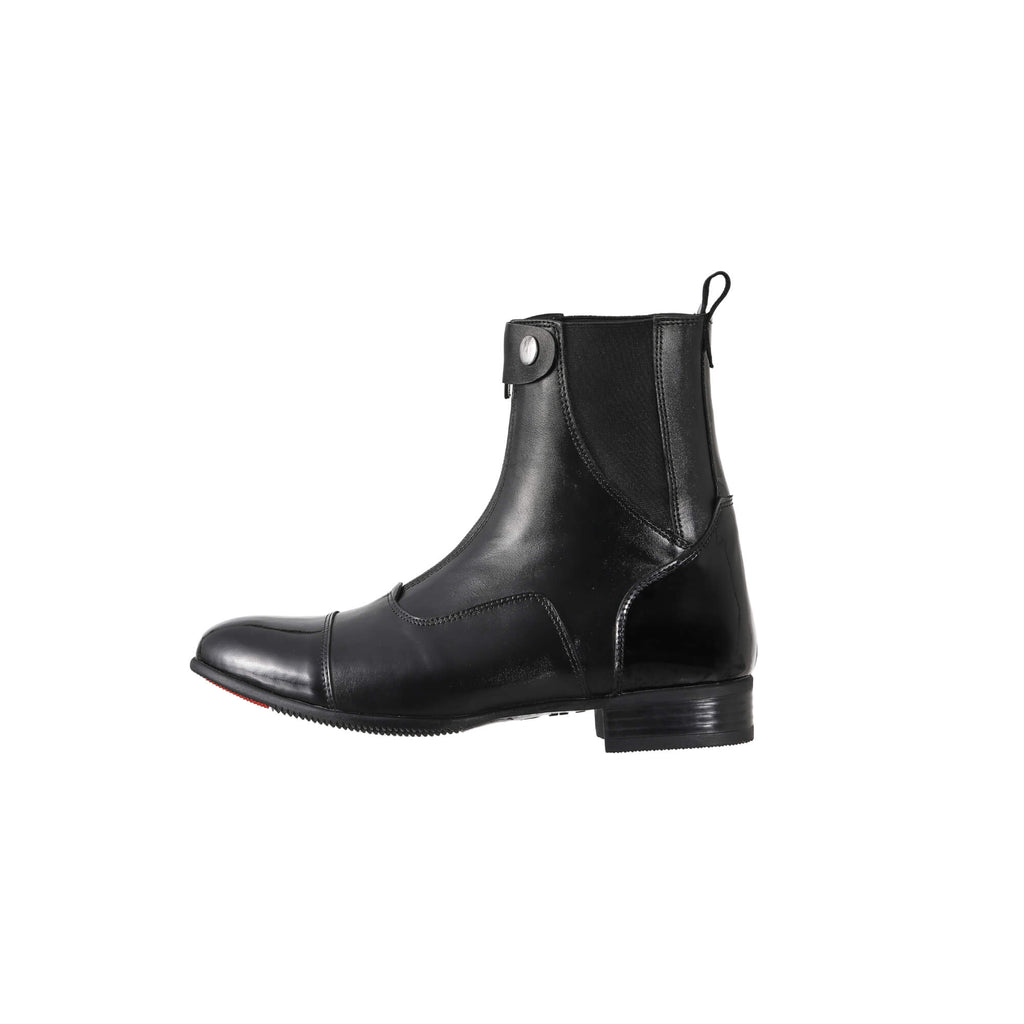 A side view of a black patent toe leather boot displayed against a white background. The boot features a front zip and buckle closure, showcasing its sleek design from a dynamic side perspective.