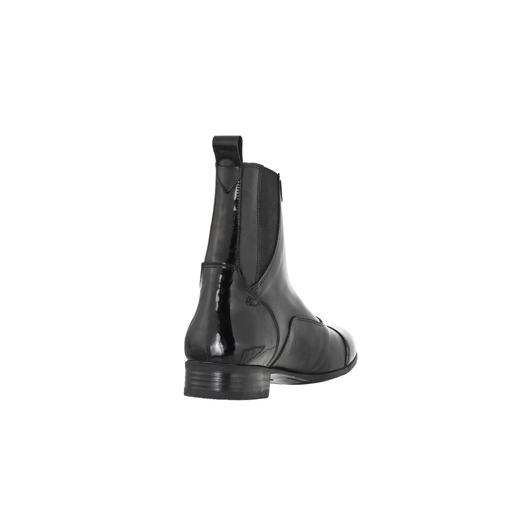 A back view of a black patent toe leather boot displayed against a white background. This image focuses on showcasing the boot from a rear perspective, highlighting its sleek design and detailing.