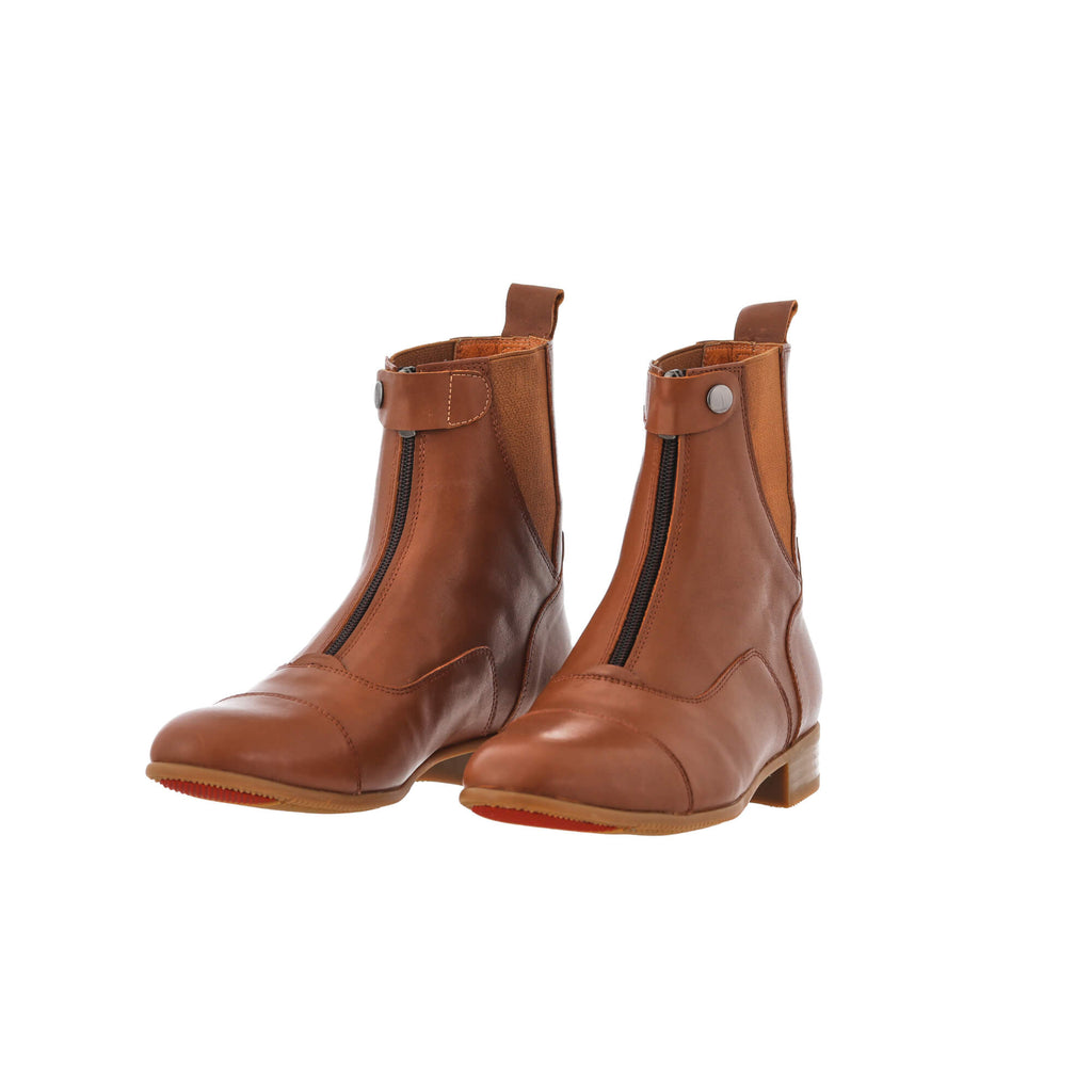 A pair of tan leather short boots with a front zip and buckle, presented on a white background. The pair is shown sole down, with both buckle and zipper done, and the angle slightly positioned to one side.