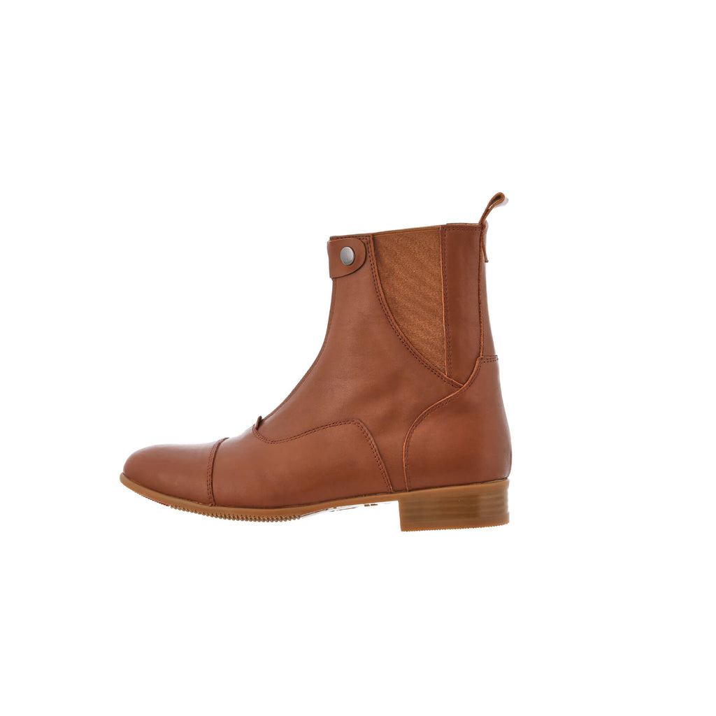 A side perspective of a tan leather short boot featuring a front zip and buckle, displayed on a white background.