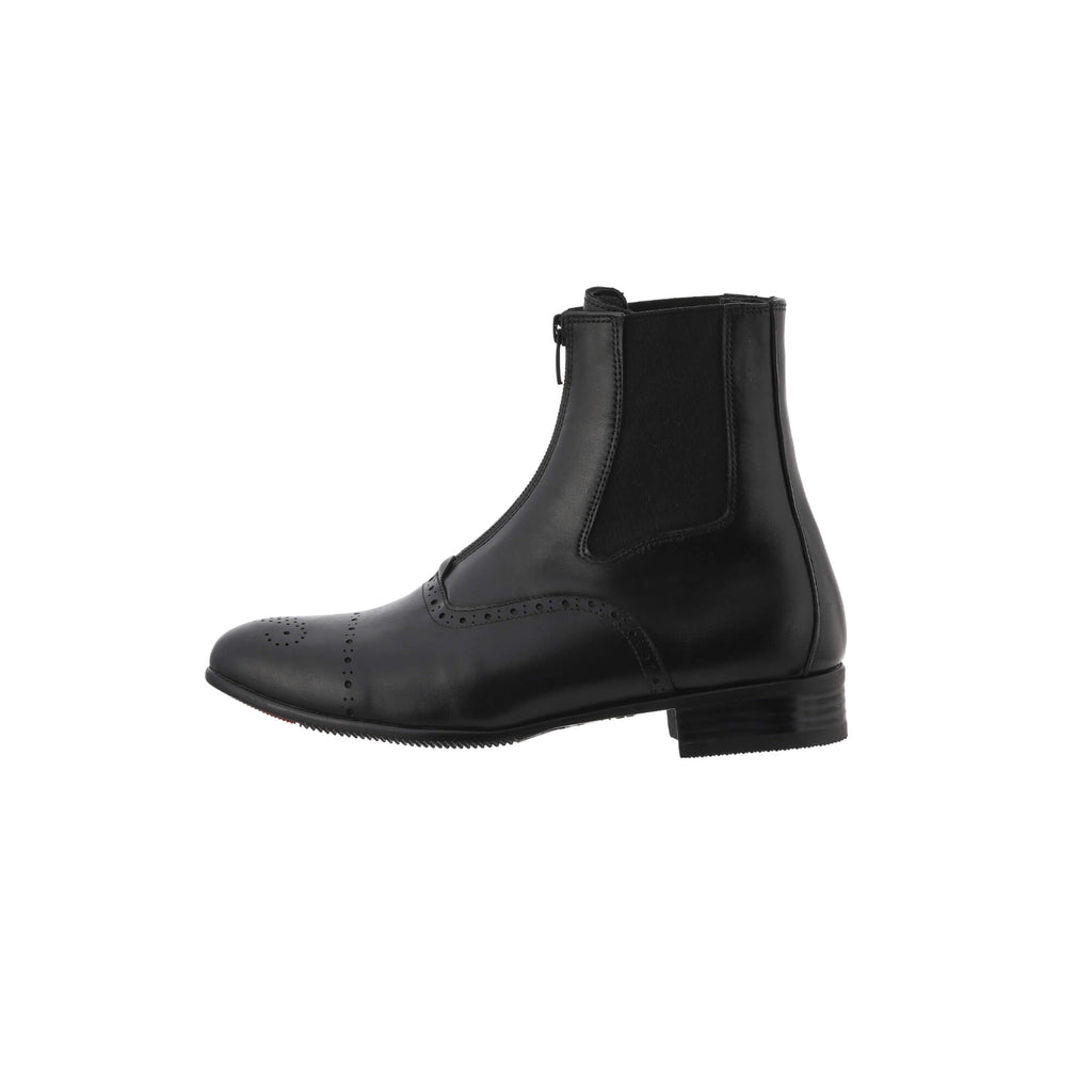 A single black leather wingtip-style boot with a front zip and zipper overlay, presented against a white background. This image provides a side perspective of the boot.