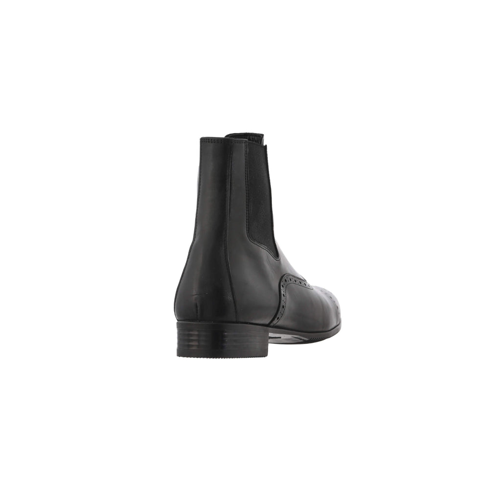 A single black leather wingtip-style boot against a white background, showcased from the back perspective.