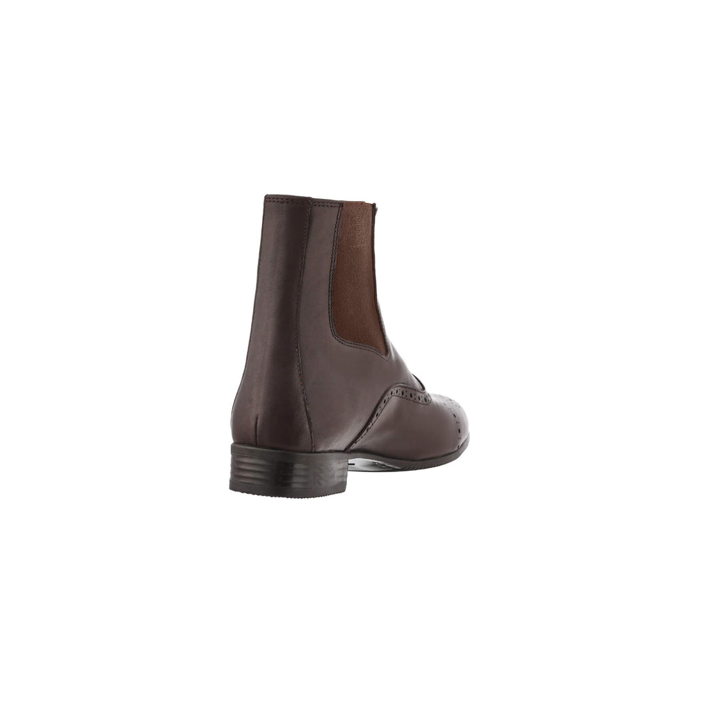 A back perspective of a single brown leather wingtip-style boot with a front zip and zipper overlay, displayed against a white background.