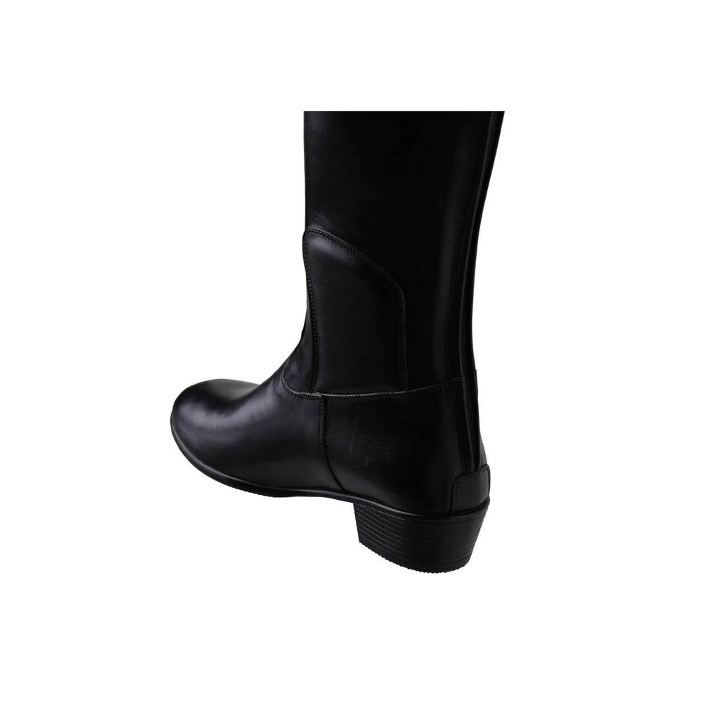 A tall black leather Cuban heel boot with a back zip, displayed against a white background. This image displays only one boot showcased from the back perspective.