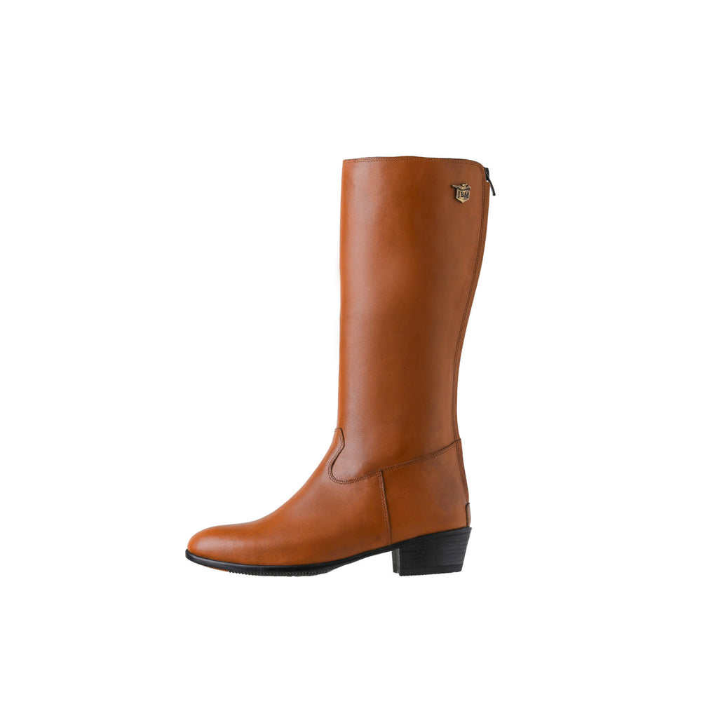 A tall tan leather Cuban heel boot featuring a back zip, displayed against a white background. This image only showcases one boot from a side perspective.