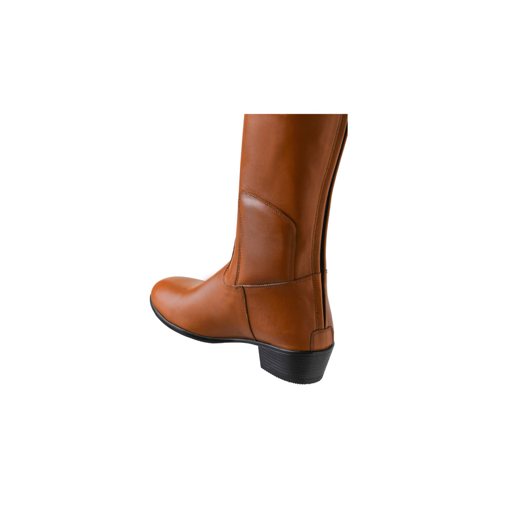 A tall tan leather Cuban heel boot featuring a back zip, displayed against a white background. This image only displays one boot showcased from the back perspective.