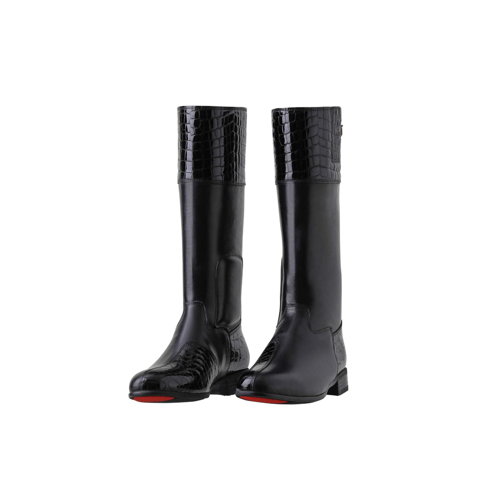 A pair of tall black leather boots with black crocodile accents, displayed on a white background. Both boots are positioned sole down, showcasing the back zips and a 1.5-2cm stretch feature on the calf area, with the angle of the boots slightly tilted to one side.