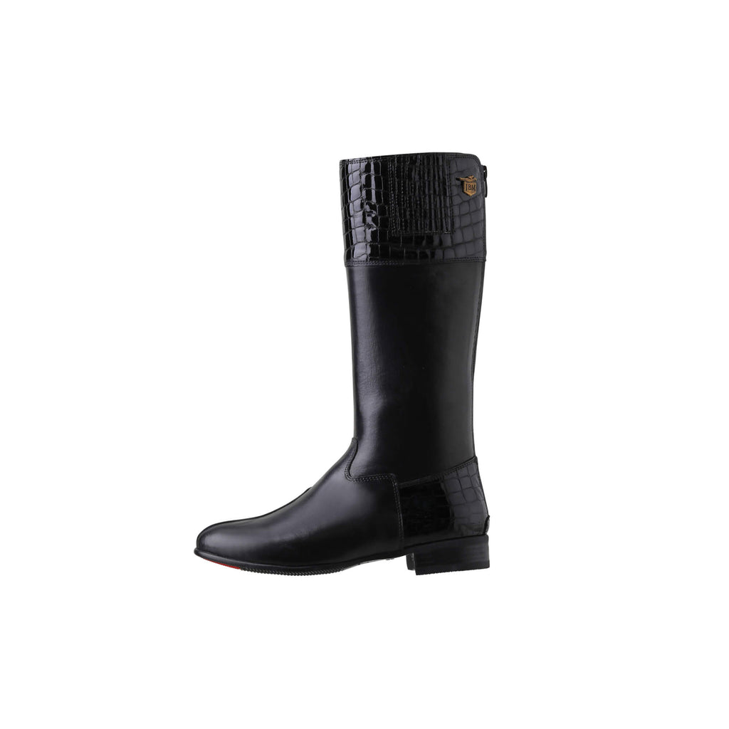 A tall black leather boot with black crocodile accent, displayed on a white background. The boot is shown from a side perspective, highlighting the back zip and a 1.5-2cm stretch feature on the calf area.