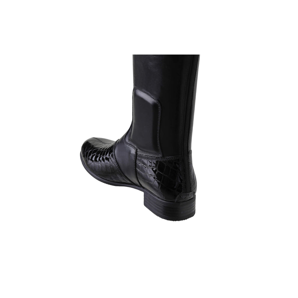 A tall black leather boot with black crocodile accent, displayed on a white background. The image showcases only one boot from the back perspective, highlighting the back zip and a 1.5-2cm stretch feature on the calf area.