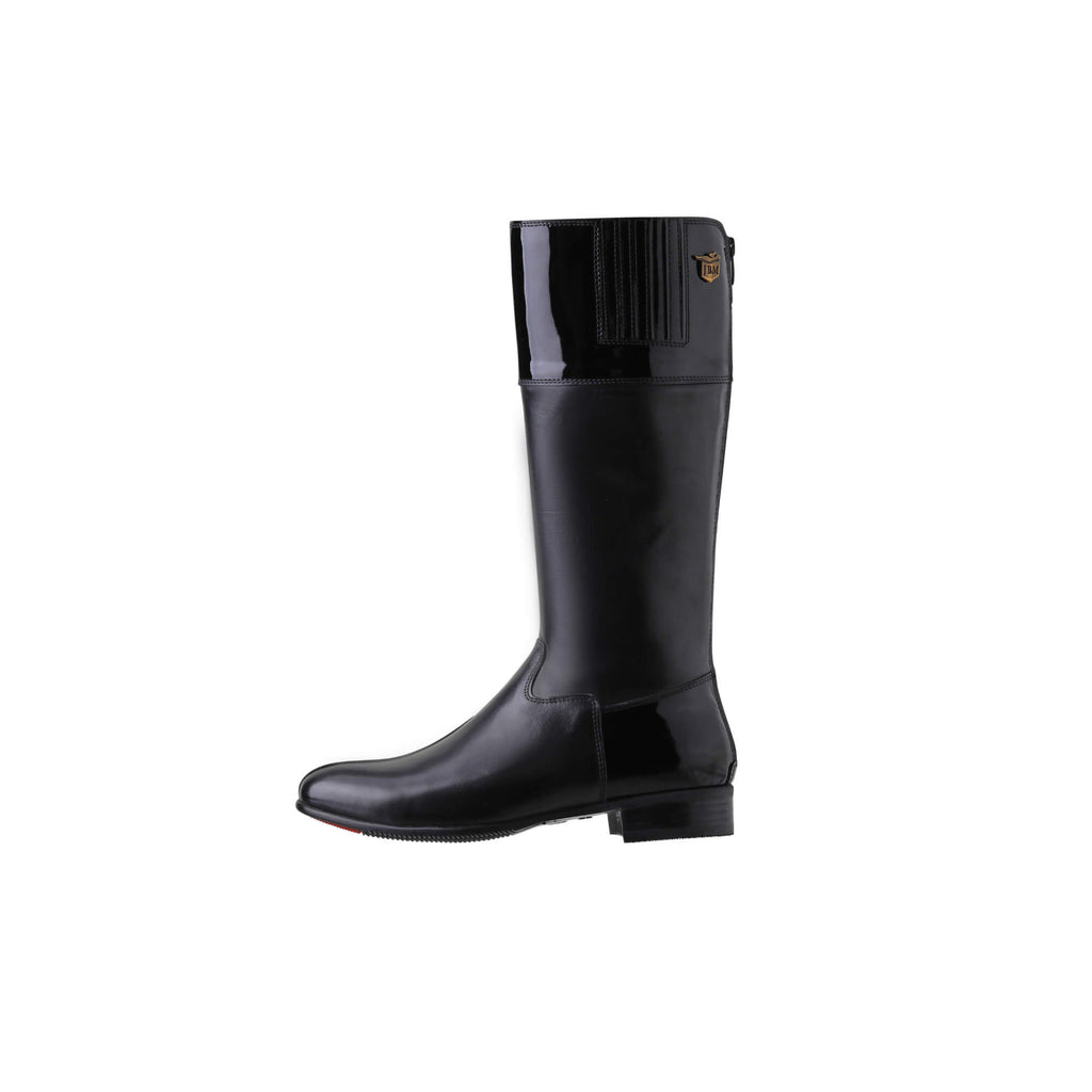 A single tall boot displayed against a white background. The boot features classic black leather with black patent leather accents, a back zip, and a 1.5-2cm stretch feature on the calf area. The image showcases the boot from a side perspective.