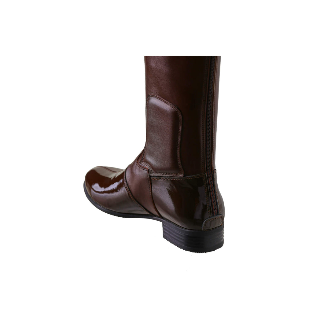 A single tall racing boot displayed against a white background. Made of brown leather with brown patent leather wrapping around the calf, it features a back zip and a 1.5-2cm stretch feature on the calf area. The boot is shown from the back perspective.