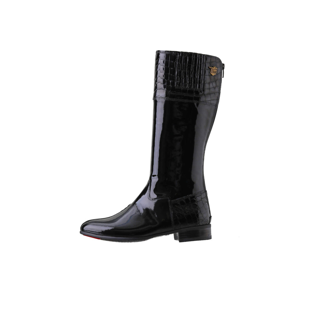 A tall black patent leather and black crocodile leather accent boot displayed against a white background. The boot features a back zip and a 1.5-2cm stretch feature on the calf area. This image only showcases the boot from a side perspective.