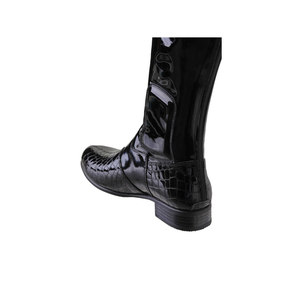 A tall black patent leather and black crocodile leather accent boot displayed against a white background. The boot features a back zip and a 1.5-2cm stretch feature on the calf area. This image only showcases the boot from the back perspective.