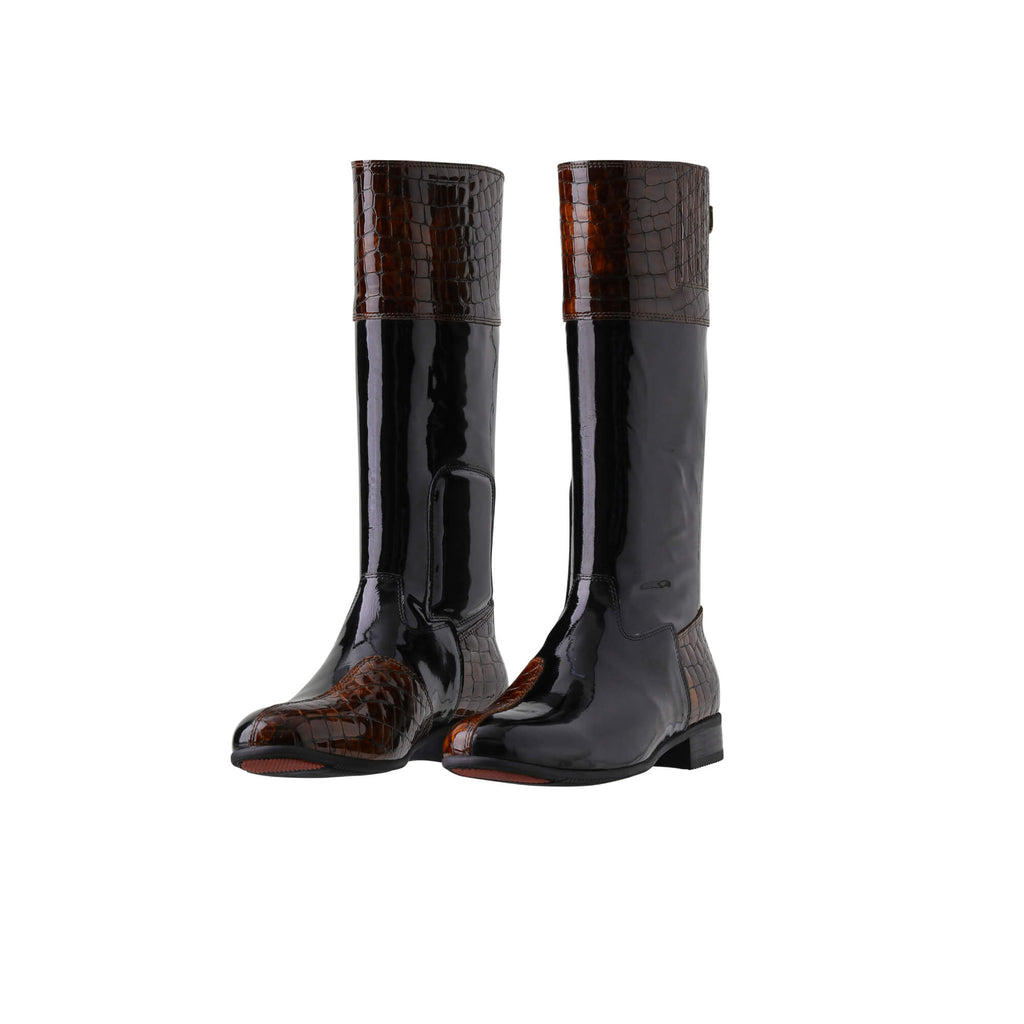 A pair of tall boots displayed against a white background. The boots feature black patent leather with brown crocodile leather accents. They have a back zip and a 1.5-2cm stretch feature on the calf area. Both shoes are positioned sole down with the zipper done, angled slightly to one side.