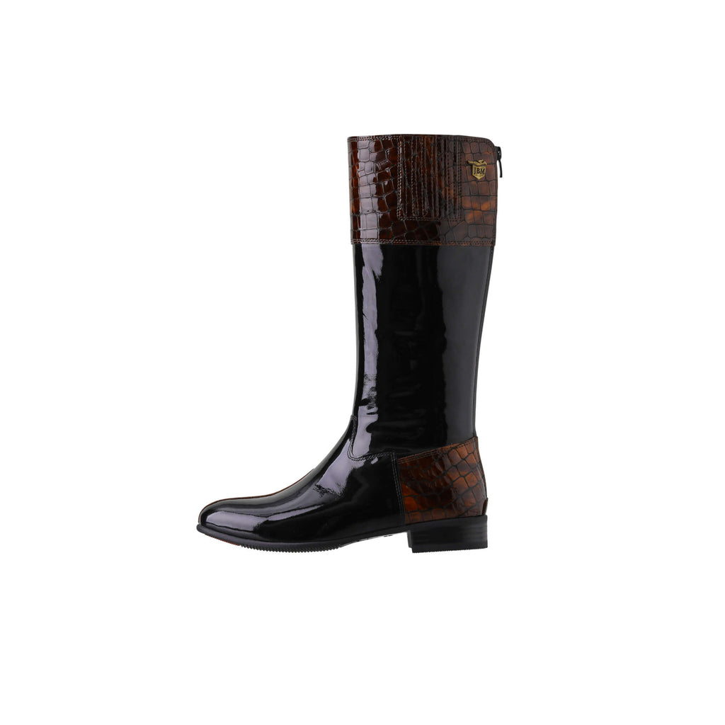 A single tall boot displayed against a white background. The boot features black patent leather with brown crocodile leather accents. It has a back zip and a 1.5-2cm stretch feature on the calf area. The image showcases the boot from a side perspective.