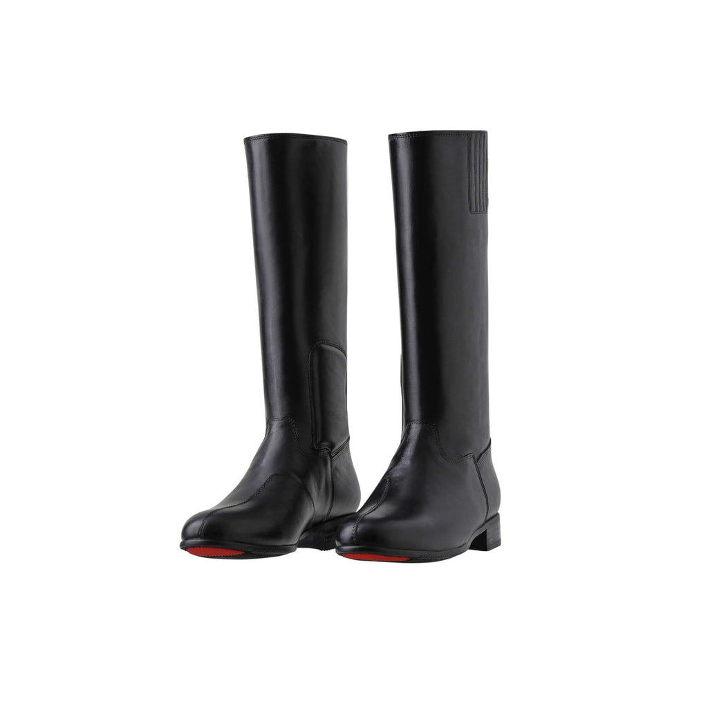 A pair of black tall leather boots featuring a back zip and a 1.5 - 2cm ability to loosen the calf area if required, displayed against a white background. Both shoes' soles are positioned on the floor to showcase the boots entirely, slightly shifted to the side for a dynamic look.