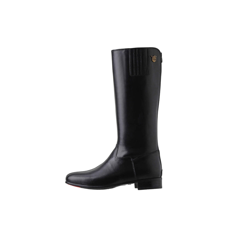 A side view of a black tall leather boot featuring a back zip and a 1.5 - 2cm ability to loosen the calf area if required, against a white background.