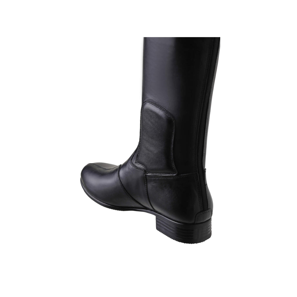 A back view of a black tall leather boot featuring a back zip and a 1.5 - 2cm ability to loosen the calf area if required, against a white background.