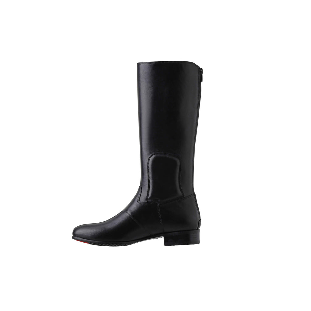 A side view of a black tall leather boot featuring a back zip and a 1.5 - 2cm ability to loosen the calf area if required, against a white background.